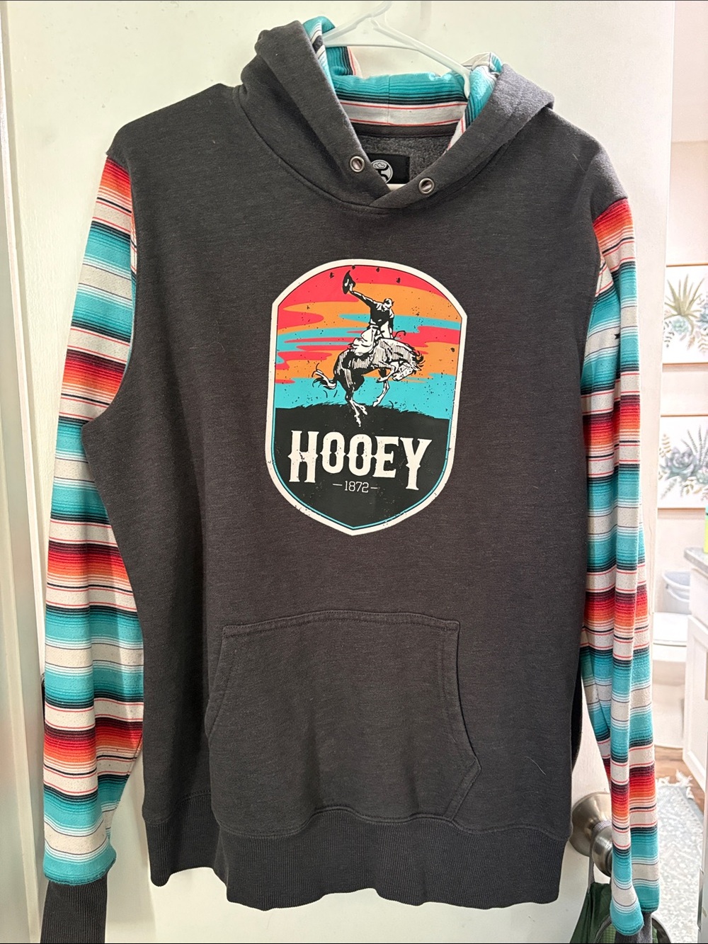 Hooey Charcoal Pullover Hoodie with Turquoise and Coral Striped Sleeves